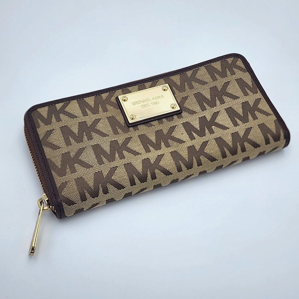 Michael Kors Signature MK Logo Jacquard Continental Long Zip Wallet Brown Tan